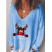 Women Christmas Letter Cartoon Print V  Neck Loose Long Sleeve T  Shirts