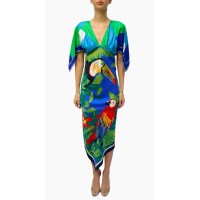 MORPHEW COLLECTION Royal Blue & Green Silk Parrot 2-Scarf Dress Made From Vintage Scarves