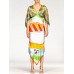 MORPHEW COLLECTION Olive Green, Orange & Red Silk Floral Geo Dress With Swan Print