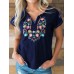 Women Floral Embroidery V  Neck Vintage Short Sleeve T  Shirts