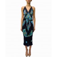 MORPHEW COLLECTION Black & Blue Multicolored Silk Twill Print Scarf Dress Made From Vintage Scarves