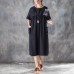 Elegant long cotton dresses Loose fitting Loose Short Sleeve Round Neck Black Pleated Dress