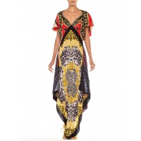 MORPHEW COLLECTION Red & Gold Status Print Silk Backless 3-Scarf Dress