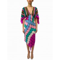 MORPHEW COLLECTION Pink & Blue Multicolored Silk Geometric Stripe 2-Scarf Dress Made From Vintage Scarves