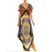 MORPHEW COLLECTION Red & Gold Status Print Silk Backless 3-Scarf Dress