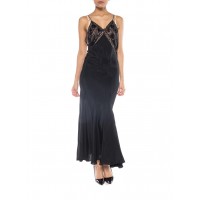 MORPHEW COLLECTION Black Bias Cut Silk Crepe De Chine Backless Gown With Edwardian Beaded Lace