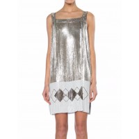 MORPHEW ATELIER Silver & White Metal Mesh Deco Patterned  Cocktail Dress With Side Slits Made From Vintage Whiting Davis