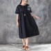 Elegant long cotton dresses Loose fitting Loose Short Sleeve Round Neck Black Pleated Dress