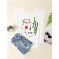 Women Casual Graffiti Print White Wild Tank Top Loose T  shirts