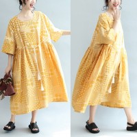 2021 yellow casual cotton dresses print  plus size sundress bracelet sleeved maxi dress